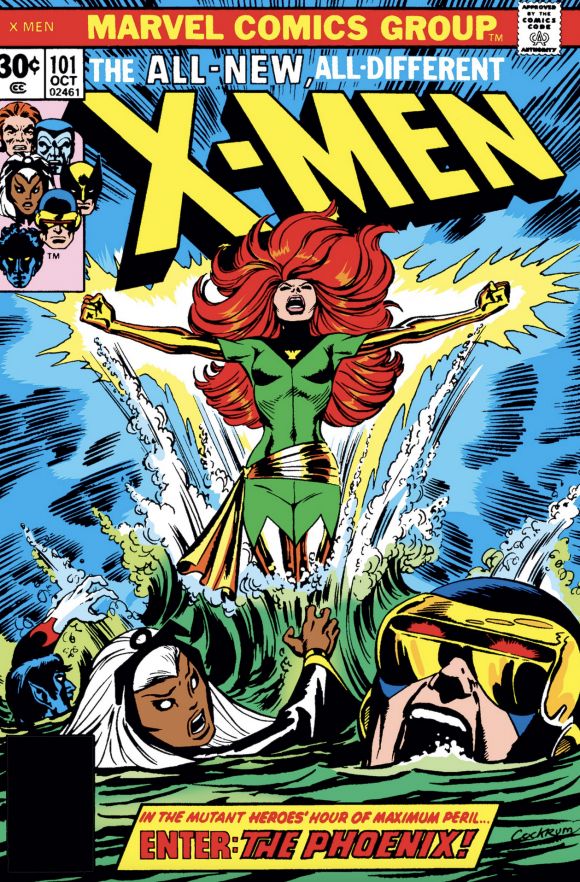 The cover to Issue #101 of the All-New, All-Different X-Men, showing Jean Grey's first full-issue appearance as the superheroine, The Phoenix, with her rising from the water in Jamaica Bay while Cyclops, Storm and Nightcrawler struggle to stay afloat.
