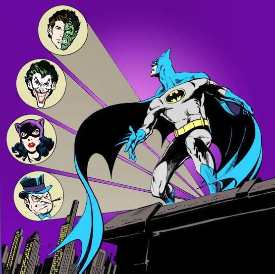 A picture of Batman on a rooftop swinging in surprise to see four bat-signal lights in the sky, each with a picture of a different member of his rogue's gallery: the Penguin, Catwoman, The Joker and Two-Face. 