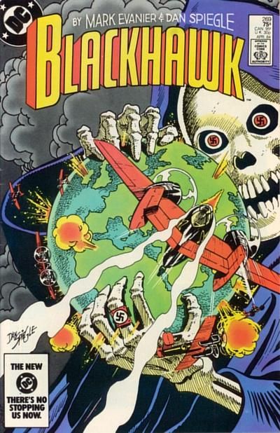 The cover to Blackhawk #209, featuring a skeletal spirit of the Grim Reaper with Nazi swastika symbols for eyes clutching the earth while the Blackhawk Squadron fly around it in aerial combat against them.