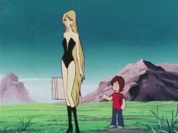 A picture from Galaxy Express 999 with Maetel in a bathing suit and Testuro in casual clothes walking in a green field on the Planet of Mirages.