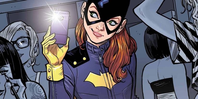 A close-up from a cover of Batgirl #1, featuring the Batgirl of Burnside era Batgirl (with a redesigned costume) taking a selfie in a bathroom mirror at a club, smirking. 