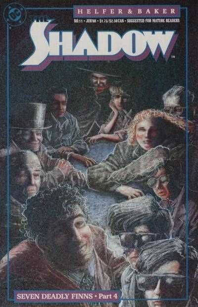 The cover to the Shadow issue 11, evoking a famous cover from one of the Shadow novels, with the Shadow and a group of his oddball helpers sit around a darkened table, turned to look at the viewer of the page.