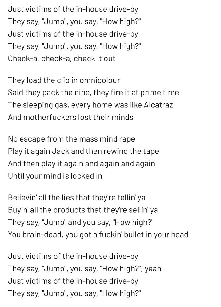 The lyrics to Bullet in the Head by RATM