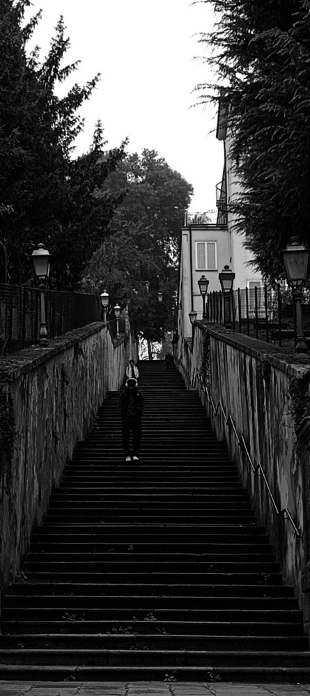 Due persino scendono una scala monumentale. Foto in bianco e nero