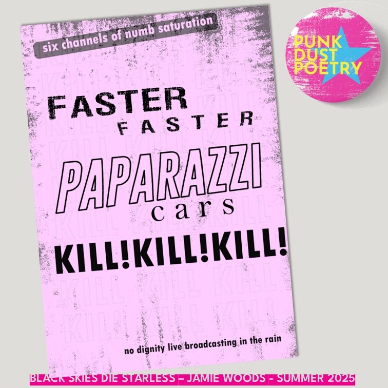 A badge reading "punk dust poetry". A sheet of paper with the following groups of text: "six channels of numb saturation", "faster faster paparazzi cars kill! Kill! Kill!", and "no dignity live broadcasting in the rain".