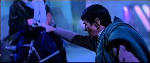 A screenshot of Star Trek: The Final Frontier where Spock is using a Vulcan nerve pinch on a horse.