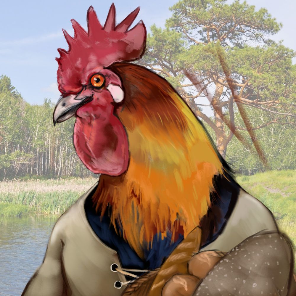 A painterly style anthropomorphic rooster holding a bread basket. Imagine the chicken from Disney's Robin Hood.