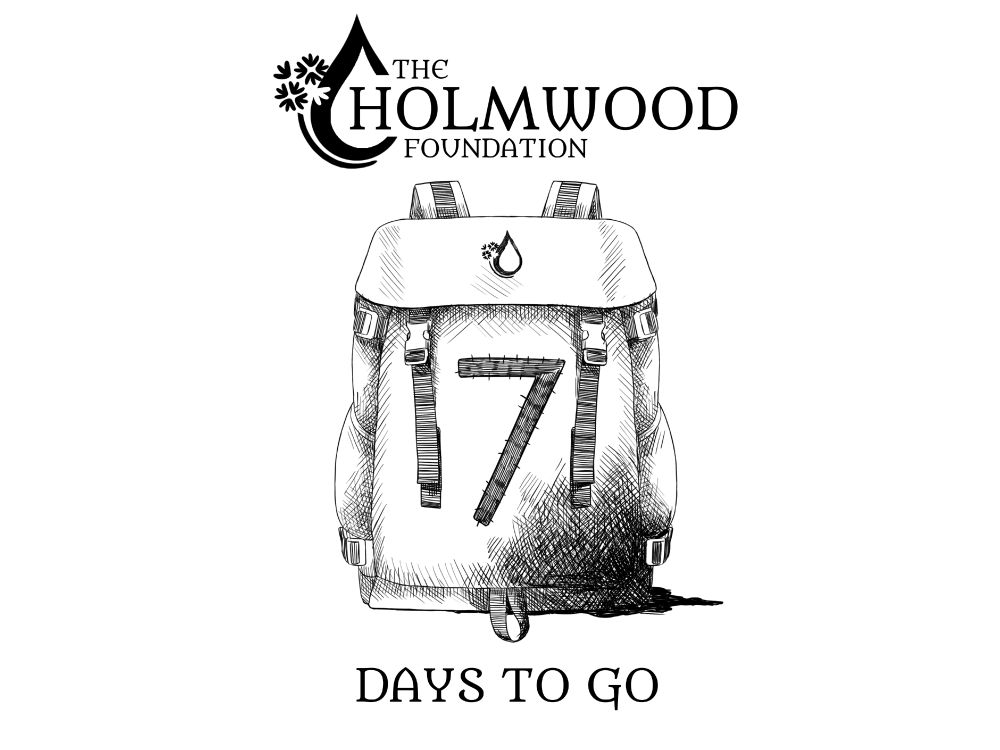 A black and white crosshatch illustration of a backpack, oozing a mysterious black substance from the bottom, the number "7" embroidered in the middle. Above it is The Holmwood Foundation logo, and beneath are the words "DAYS TO GO"