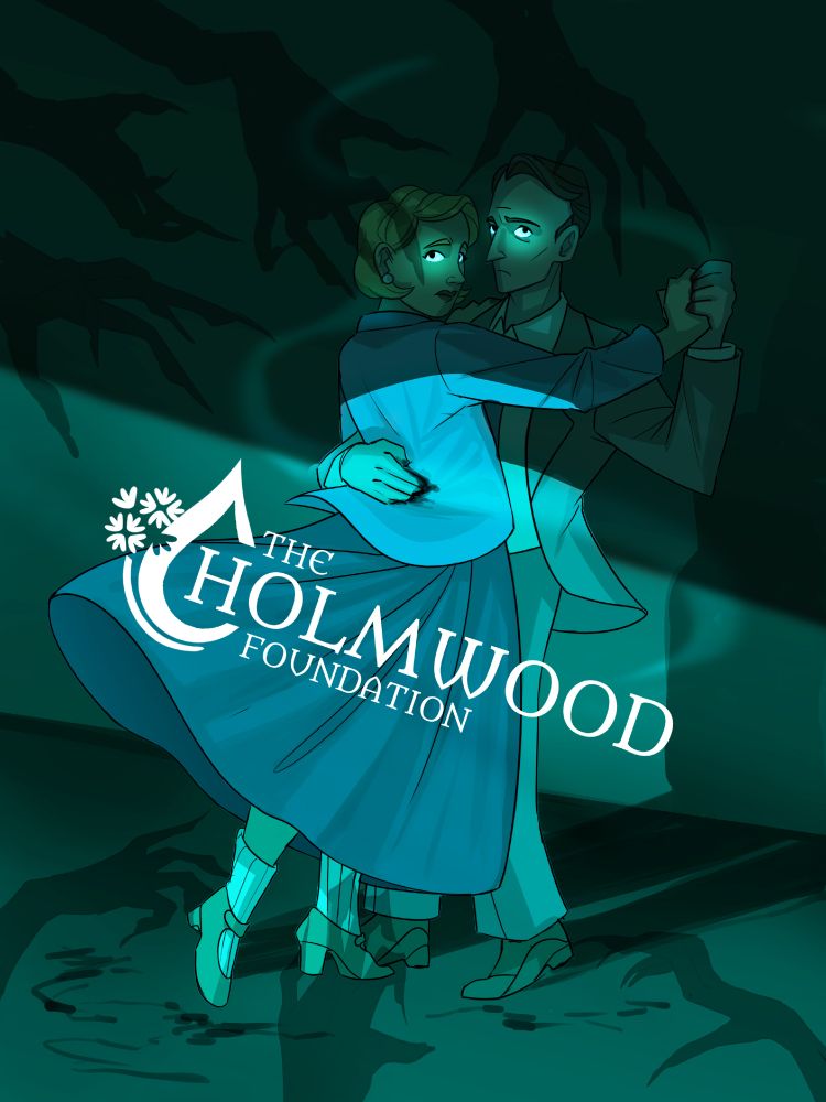 A painting of a couple - Mina and Jonathan Harker- dancing in a green-tinged room. One half of their bodies is in shadow, showing their eyes glowing bright blue. All around them, spindly hand shadows reach out towards them. The Holmwood Foundation logo is placed in the center of the image.