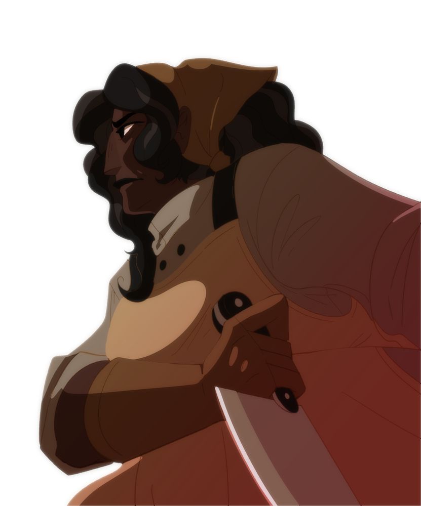 A slight worms eye view of a character holding a butchers knife at the ready