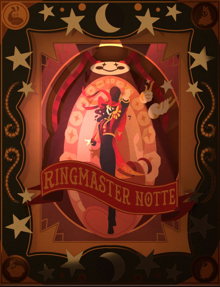 A 3D theater box style illustration of Ringmaster Notte coming straight out of Neem, to YOUR HOUSE. There are stars that accentuate the border of the box. The ring master has several hands, snapping in sequence towards the viewer. Light is shining down on him.
