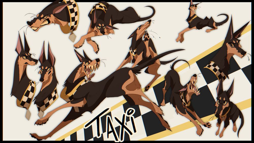 Sketch page of my Doberman0 OC with an undocked named Taxi. She wears a collar with a classic yellow, and black/white checkboarded taxi pattern. She is seen in several poses through out the page. 
There is a head shot of her growling.
A pose of her laying down, arms crossed, head rested, a bit board.
Her laying down, arms crossed, head held up happy.
A head shot of her looking alert
A head shot of her looking determined
An enlarged full body of her running with her teeth out.
A pose behind that of her scratching her chin.
Another pose of her doing a BIIIIIIIIIIG stretch, and yawning.
A head shot of her looking over her shoulder.
A pose of her sitting, looking up with pleading eyes.