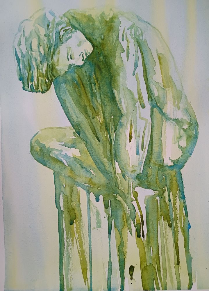 Watercolor of Camille Claudel sculpture Man Leaning