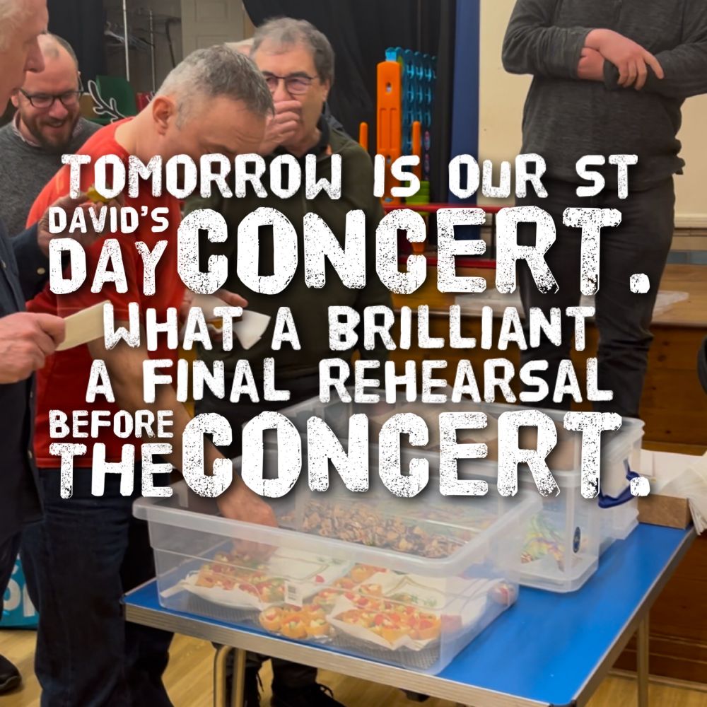 Meme about tomorrow’s concert over a photo of last nights rehearsal.
