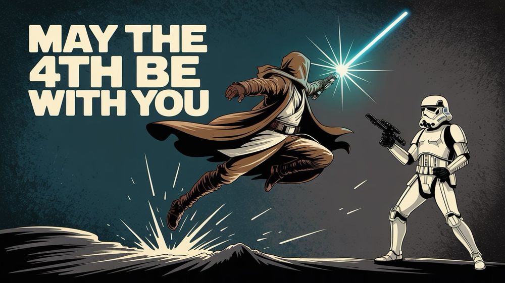 A Jedi knight battles a Star Wars stormtrooper with the words May 4th Be With You in the sky.