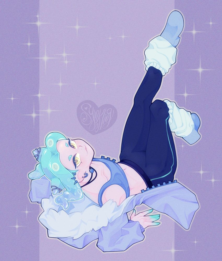 An octoling girl from Splatoon resting on their back, looking at the viewer as she dangles her legs up in a flutter kick pose.