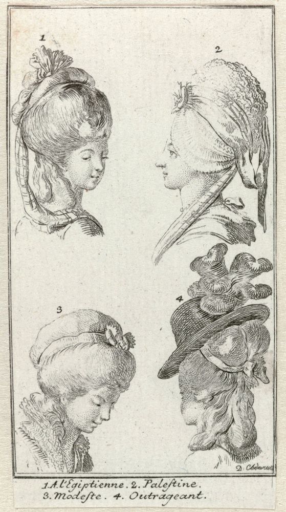 Four women's hairstyles with hats or caps in a frame, numbered one through four: 1. A l'Egyptienne, 2. Palestine, 3. Modeste, 4. Outrageant. The print is part of the Almanac de Gotha pour l'année 1782. The title of the print is cut off, but reads: Coëffures Berlinoises. Printmaker: Daniel Nikolaus Chodowiecki . Object number: RP-P-2009-2144