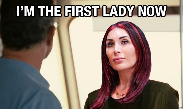 "I'm the captain now" meme from the movie "Captain Phillips" with Laura Loomer's head photoshopped onto the Somali pirate's body, with the text "I'm the First Lady now."