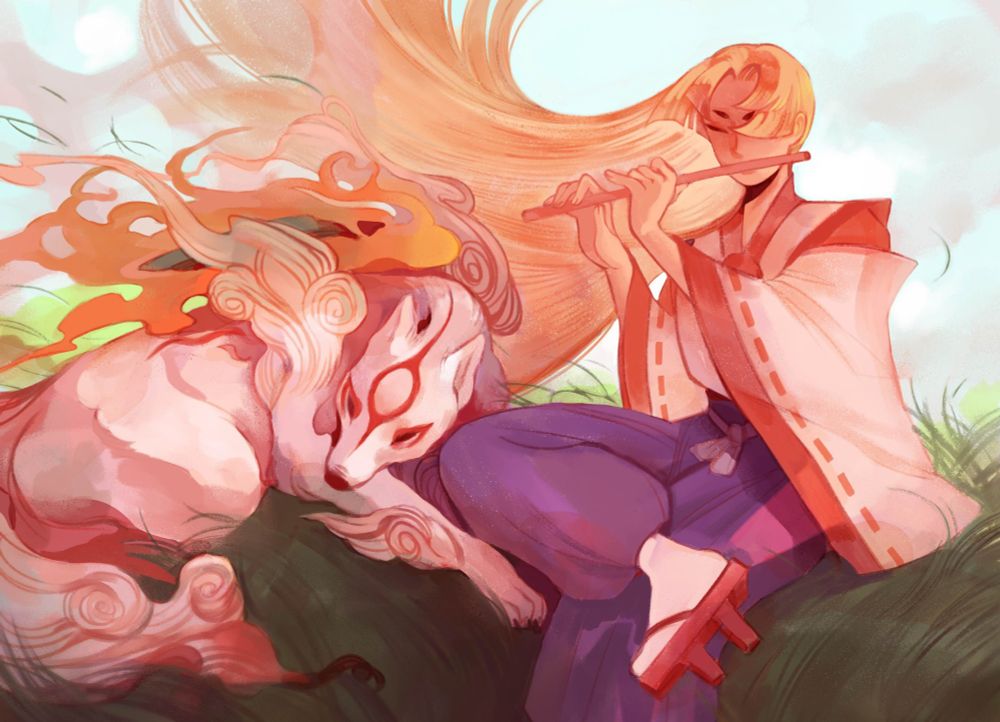 Characters amaterasu and waka from the game okami, sitting on a windy grass hill. Ammy is listening as waka plays his flute.