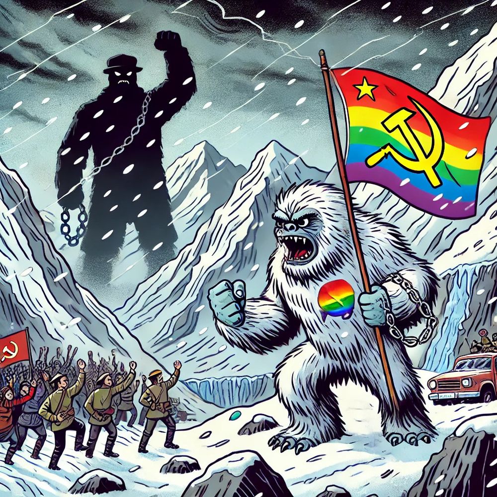 The image depicts a cartoon-style angry yeti standing in a snowy, rugged mountain landscape. The yeti is holding a rainbow-colored communist flag in one hand while clenching the other fist in defiance. In the background, a large shadowy figure with chains and heavy boots looms, representing oppression. The sky is dark and stormy, with flashes of lightning. A group of oppressed people is rising in the distance, their fists raised, standing against the oppressor. The scene is filled with tension and defiance, yet maintains a cartoonish and exaggerated energy.