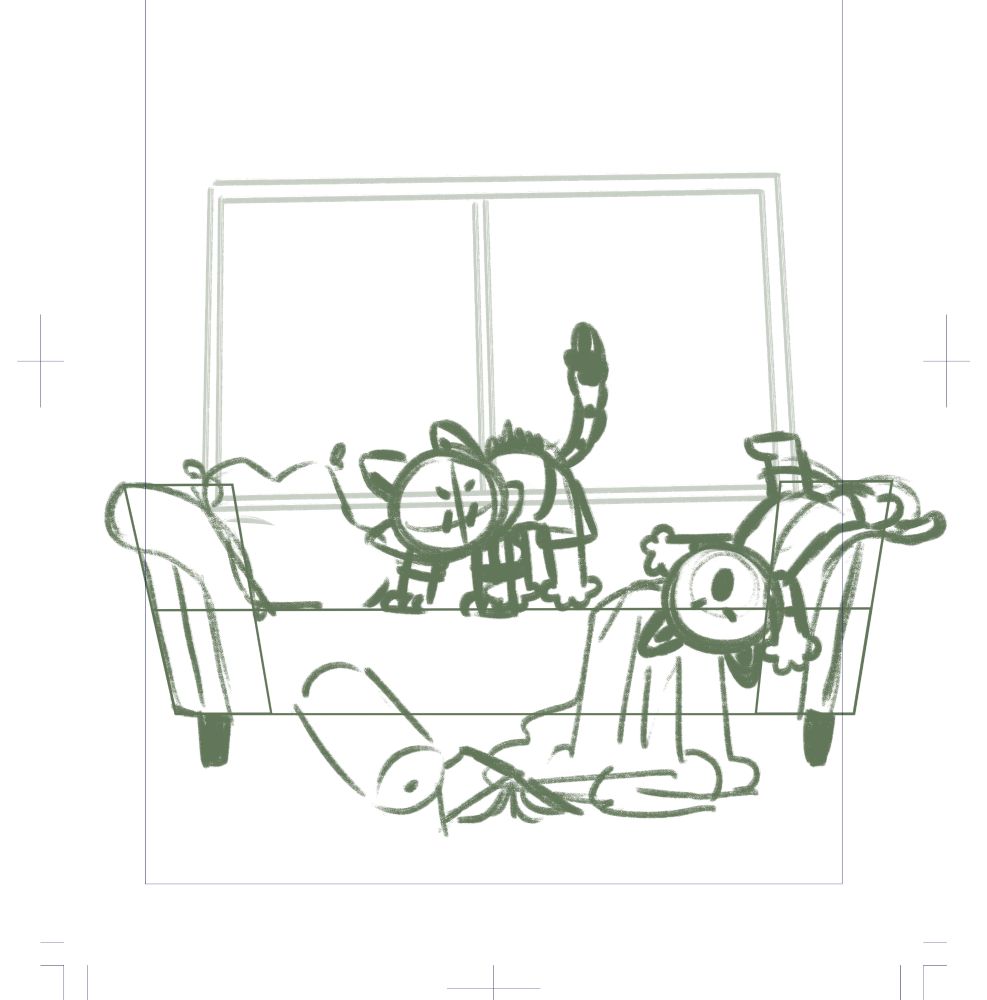 A sketchbook of a cat dramatically laying on a couch and the other cat looking startled.