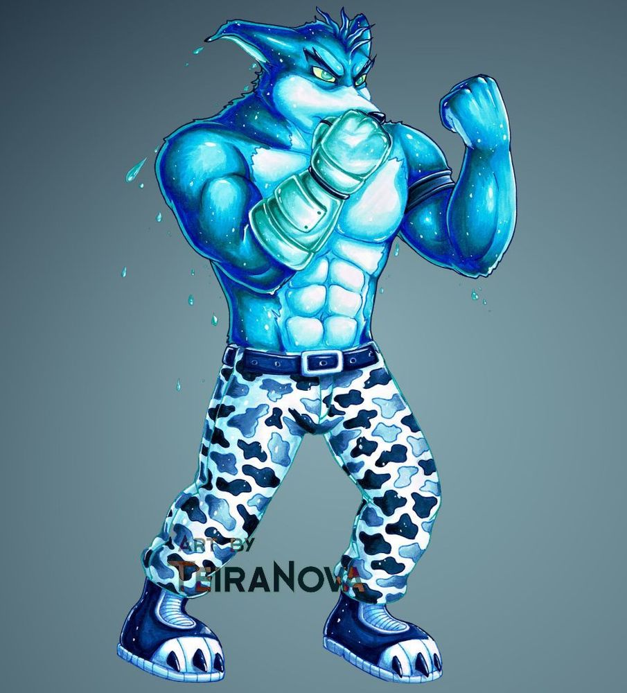 A traditional fanart drawing of Crunch Bandicoot with Wa-wa (the Water Elemental)'s powers and abilities.