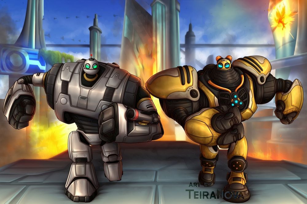 Digital illustration commission of Clank and Kit in their giant warbot forms, rushing into battle somewhere on planet Corson V. Giant Clank’s design is a mixture of his classic giant form and one of his giant designs from Ratchet & Clank Full Frontal Assault.