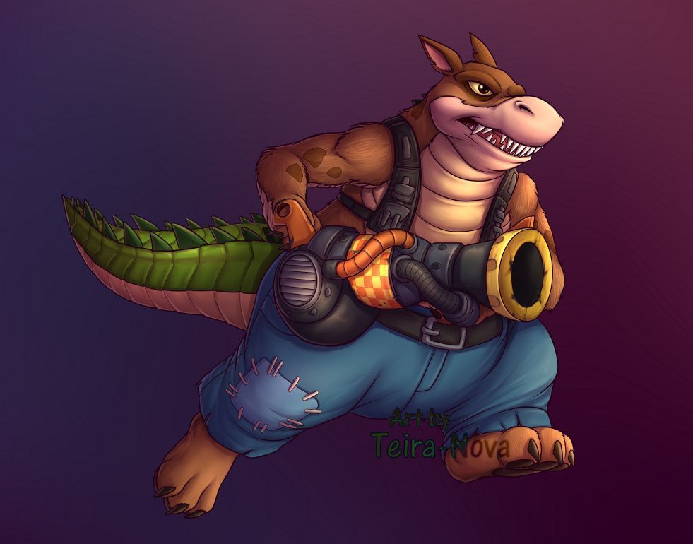 Patreon character drawing commission I did fro @umbrabear.bsky.social in 2023 of Dingodile with his weapon from Crash Team Rumble/Crash Bandicoot 4!