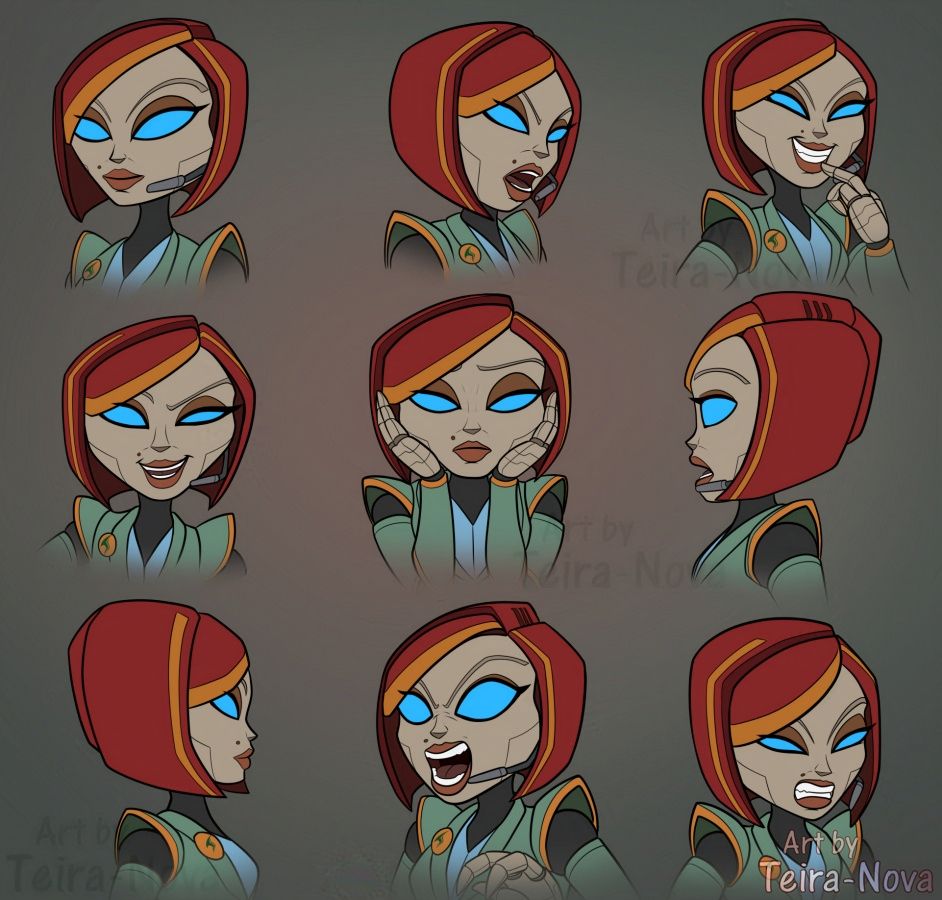 A digital drawing expression sheet with the character Juanita Alvaro from Ratchet Deadlocked