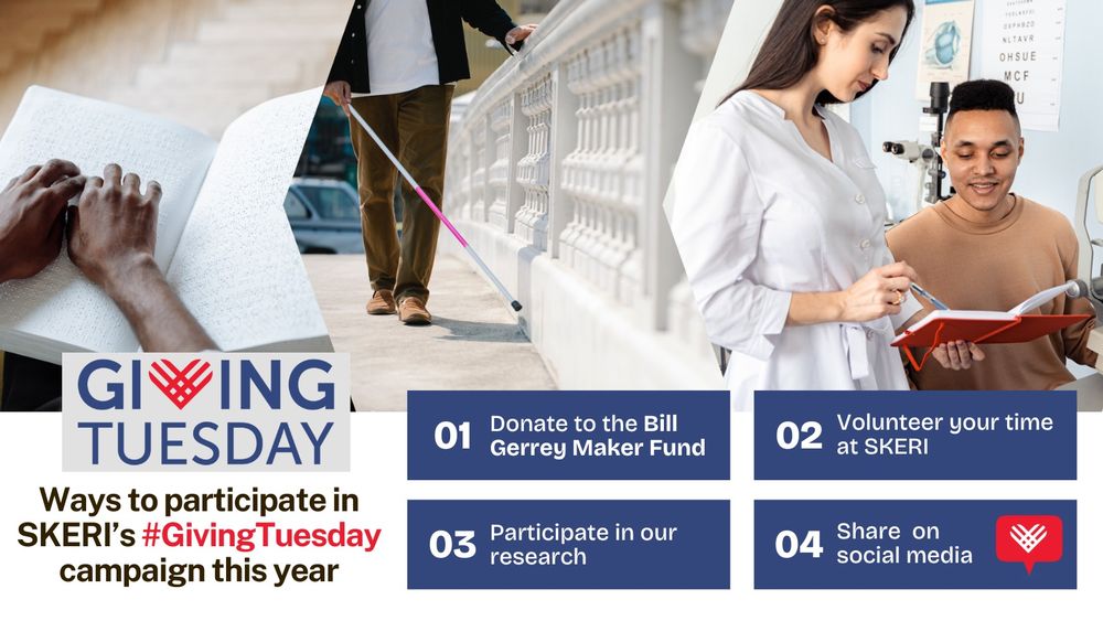 A collage of images with text about "Giving Tuesday". The collage features 3 images. The first image is of a person hands reading braille. The second image is of a person walking with a cane. The third image is of a clinician pointing to a patient some information in a notebook. The text at the bottom describes ways to participate in SKERI's Giving Tuesday campaign. Participation includes donating to the Bill Gerrey Makers Fund, volunteering at SKERI, participating in research and sharing on social media. 