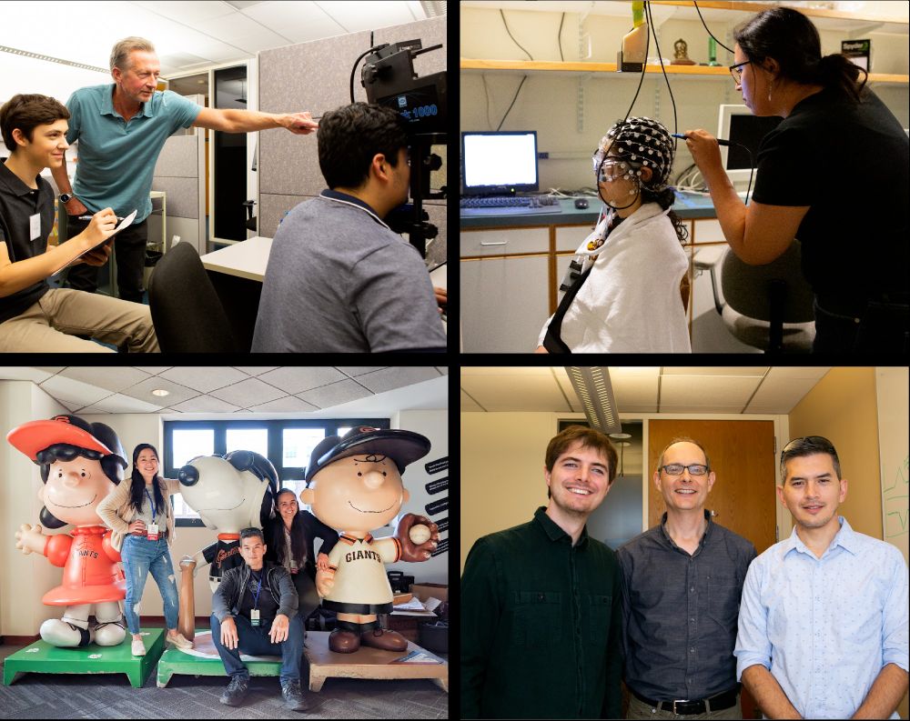 Collage of 4 photos: Scientists performing an eye tracking experiment, a participant in an EEG cap being prepared for an experiment, postdoctoral fellows posing with the Peanuts gang at Oracle Park, SKERI scientists smiling for the camera 