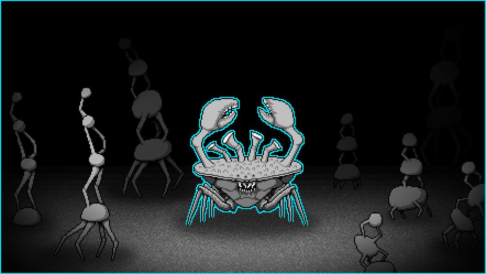 Monochromatic pixel art of a strange crab on the sea floor, surrounded by organic structures.