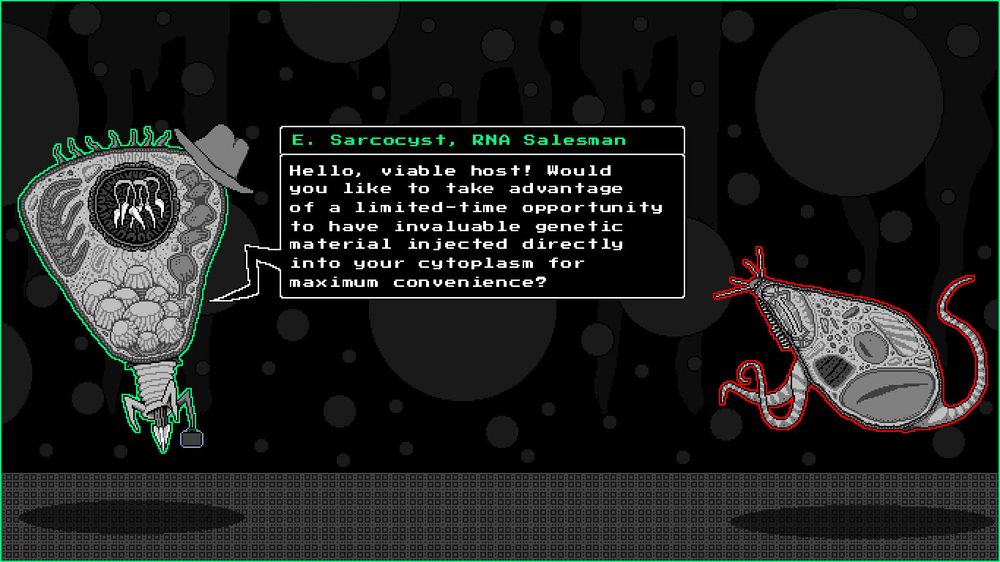 A cell with a hat and briefcase speaks to another cell. The first cell's dialog box reads, "E. Sarcocyst, RNA Salesman: 'Hello, viable host! Would you like to take advantage of a limited-time opportunity to have invaluable genetic material injected directly into your cytoplasm for maximum convenience?'" 