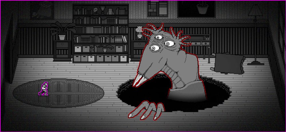 A hero enters a sparsely-decorated room. There's a giant hole in the ground in front of them, from which a large monster is emerging, its fingers crooked around the edge of the hole. 
