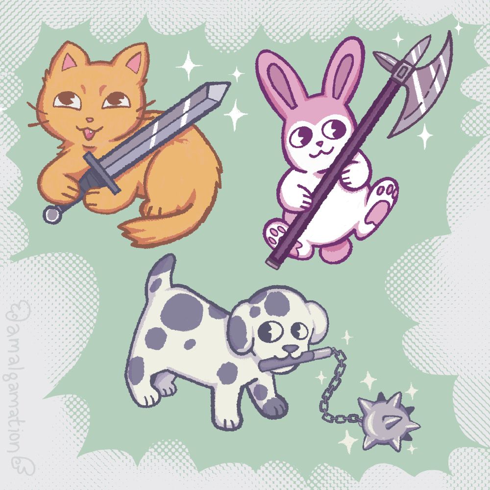 Cartoony digital illustrations of a cat armed with a claymore, a bunny with a bardiche, and a puppy with an iron flail 
