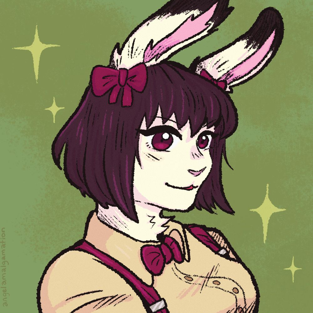 a portrait of an anthro bunny girl with white fury and black tipped ears smiling slightly. she has short reddish brown hair and wears a cream dress shirt with maroon suspenders, bow tie, and two bows in her hair at the base of her ears.