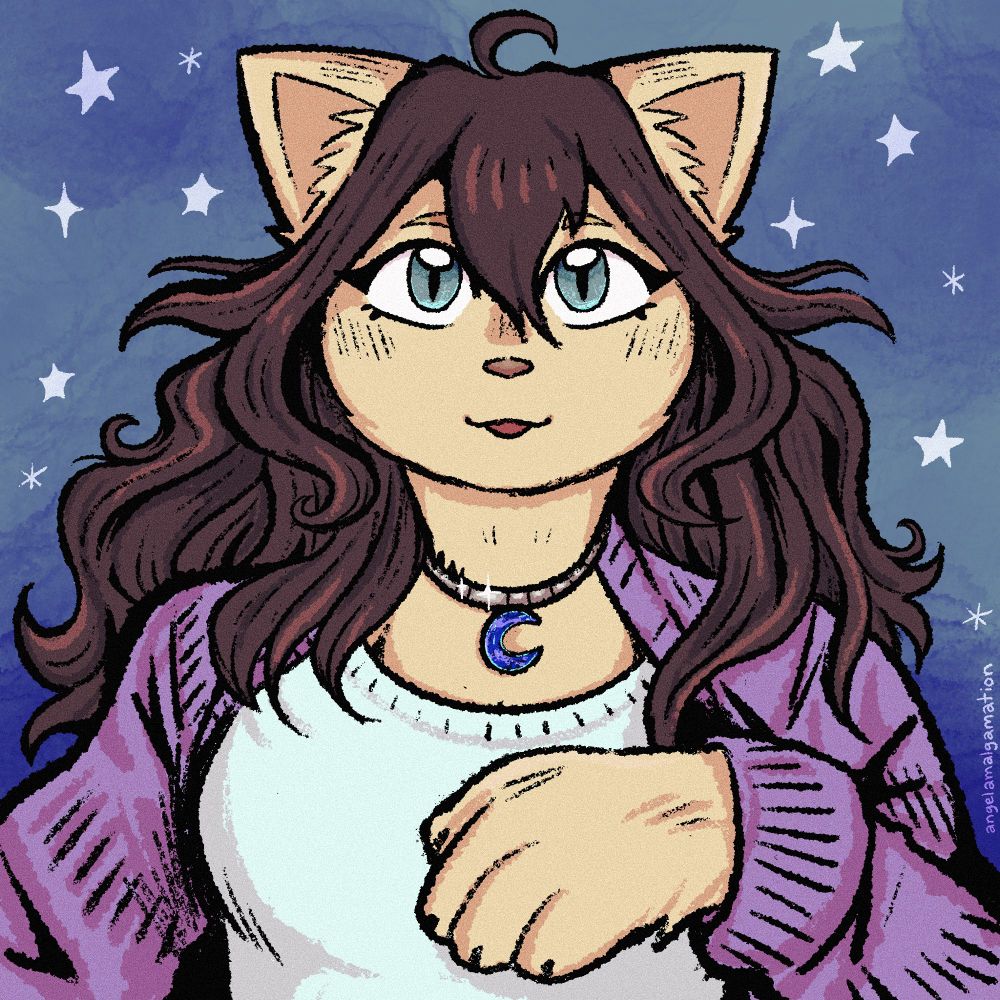 a portrait of an anthro cat with tan fur and long dark hair. she is looking direct to the camera with blue eyes and a slightly open mouth, smiling. She wears a crescent moon necklace, light blue shirt, and a thick purple sweater. her paw rests on her chest. 

the blue textured background is decorated with a star pattern