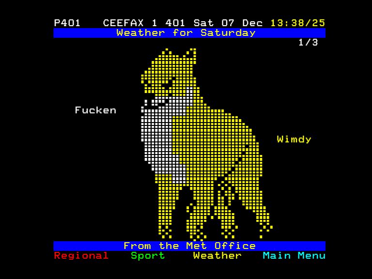 The Ceefax weather map, but altered to a drawing of a windswept fox with the weather conditions "Fucken" and "Wimdy"