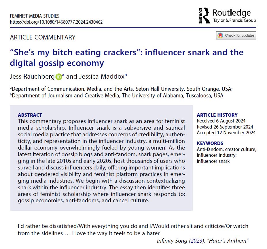 The abstract for Jess and Jess's article on influencer snark