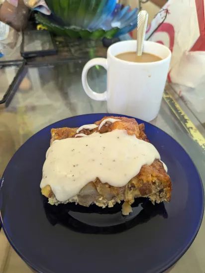Brunch Casserole: Sausage, roasted potatoes, eggs, cheese, chunks of sourdough bread. Served with Black Pepper Bechamel (or, Country Gravy, if we're being honest).