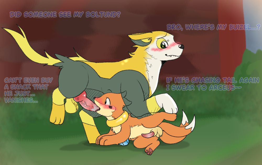 A Boltund humping his dick inside a Buizel's snout in the sides of the Pokecenter. In the background, their trainers ask where are them