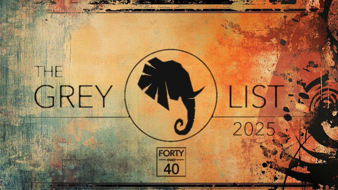 This is a cover logo for the gray list 2025. It features an elephant, silhouette in the middle with graphics and flourishes on the sides