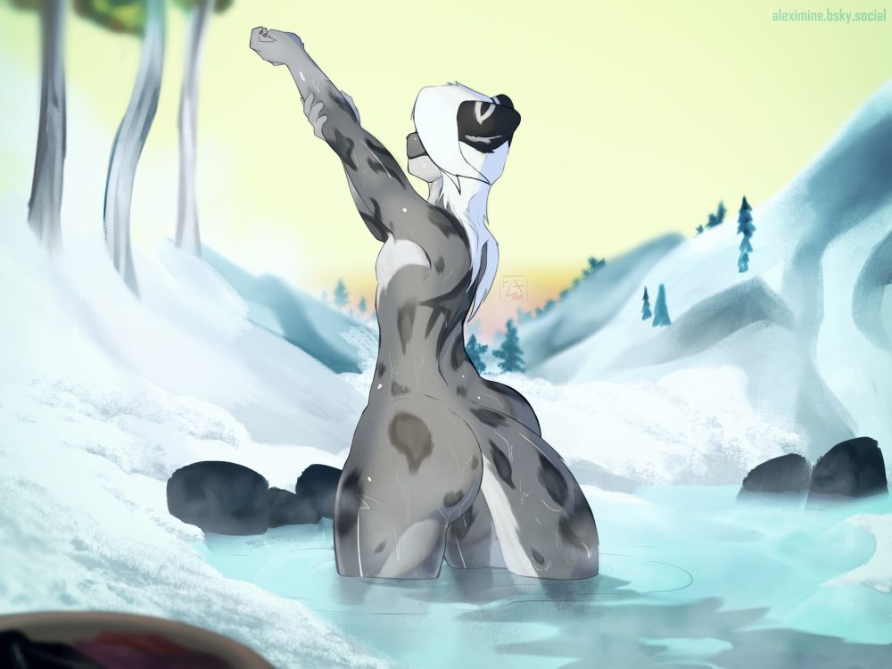 Hex Mira, bathing in a small hot spring in a snowy mountain. A few aspen and pine trees are in the distance. His butt is very big.