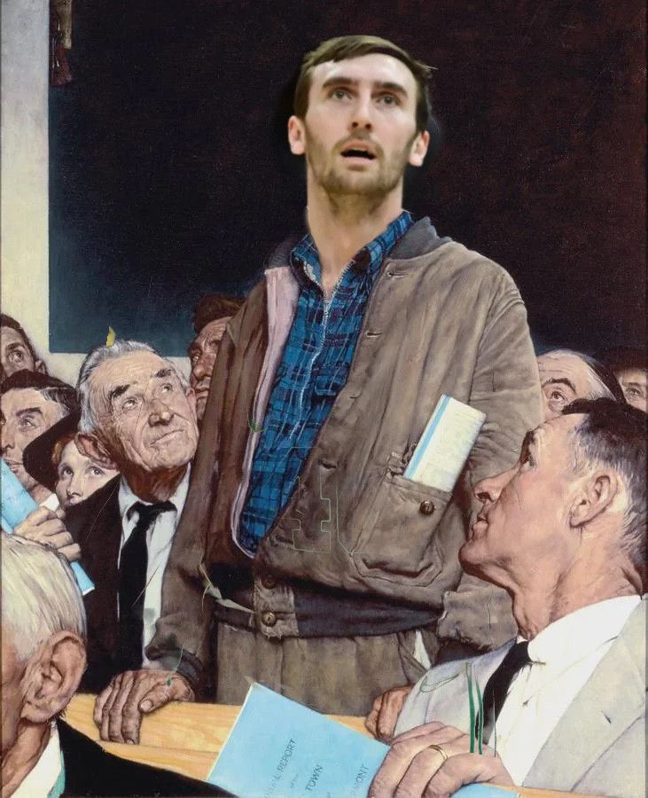 I photoshopped Luke Kornet’s head onto the Norman Rockwell painting of the guy standing up to make an argument. Kinda screwed up his neck but oh well