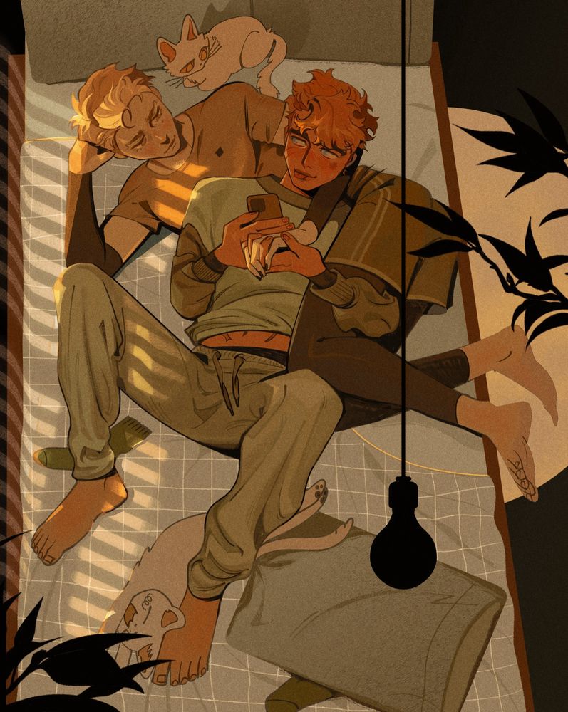 andrew minyard & neil josten cuddling and holding hands in a bed with two cats 