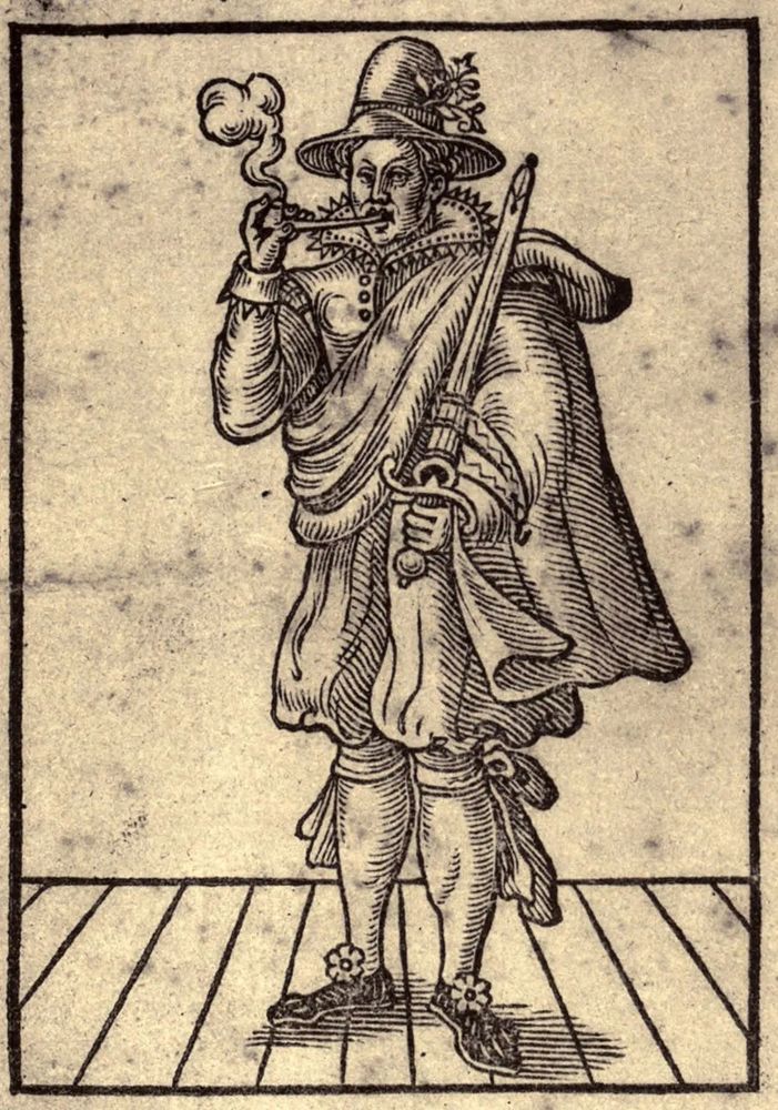 Woodcut of Mary Frith smoking a pipe and holding a sword while giving a particularly intense stare right at the viewer.  