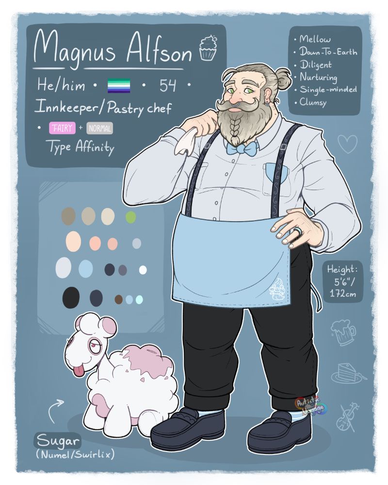 My Pokémon trainer OC, Magnus! A calm, mellow, chubby older guy with a big beard and with his hair tied back in a bun.