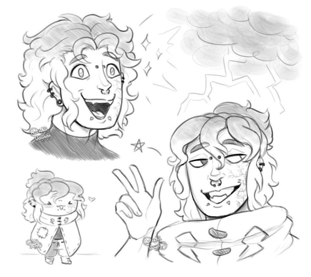 A sketch page of my fiancé‘s (skyblue-feather) human Pokémon trainer OC, Niall!
There are two headshot sketches of them, one in the top left and one in the bottom right corners, and a small chibi in the bottom left corner. There are also some storm clouds in the top right either thunderbolts coming down from them.
On the headshot on the top left, Niall has its hair down (a curly mullet) and it is looking very excitedly towards the tight, smiling and having sparkles in its eyes!
The one on the bottom right shows them peace signing with their right hand and they are facing ahead, and slightly towards the left. They are smirking and looking off to the right. Their hair is tied up in a small, high ponytail in the back, while the bottom parts are still hanging down, as well as their forelocks. 
The chibi in the bottom left corner is wearing the cloak over him and it obscures most of his body. He is sticking out his tongue slightly and closing his eyes in a silly way! His hair is tied up here as well.