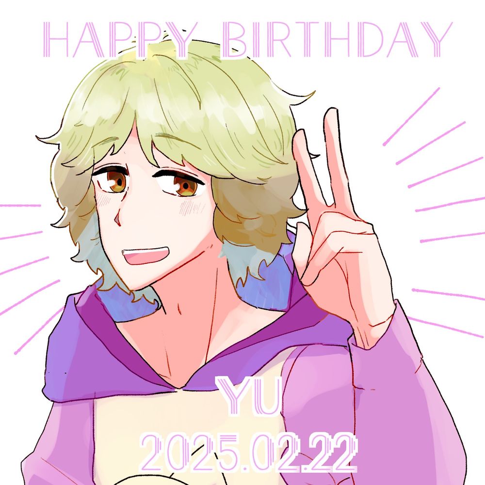 ま・み・む・メルシーズのYUの誕生日イラストです
左手をピースの形にして笑顔を見せています