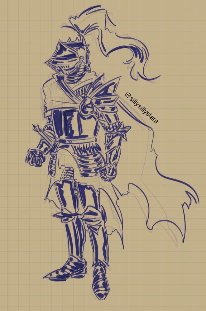 digital drawing of a knight in full plate armour. it’s stylized in its design, but is still relatively realistic. fabric is layered around the knights waist under the faulds, and a cape covers one pauldron, while the other pauldron is large and spiked. the helmet has a row of spikes as well, with the tallest spike holding the flowing panache.
